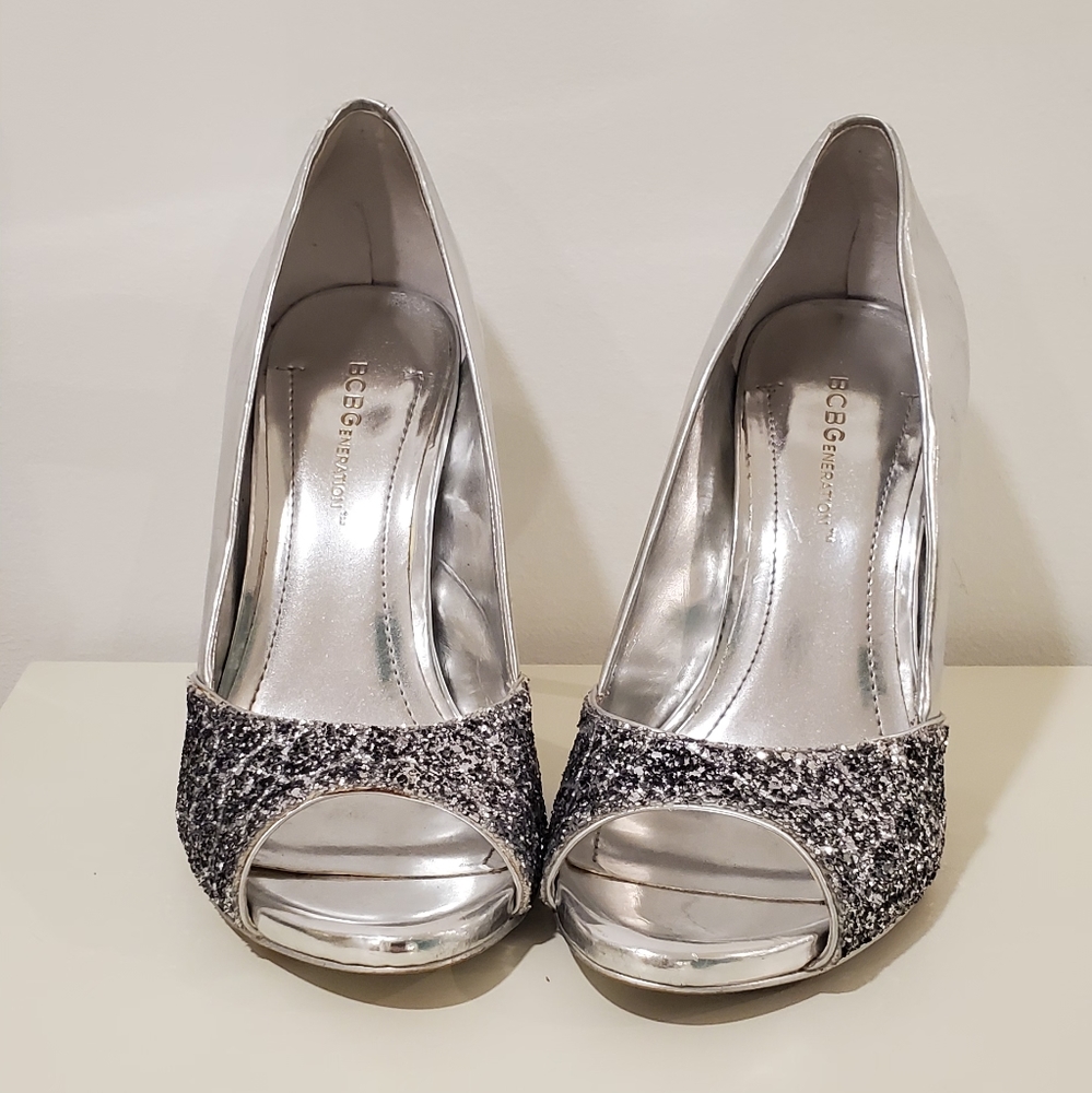 BCBGeneration Silver & Glitter Stilettos Size 7.5